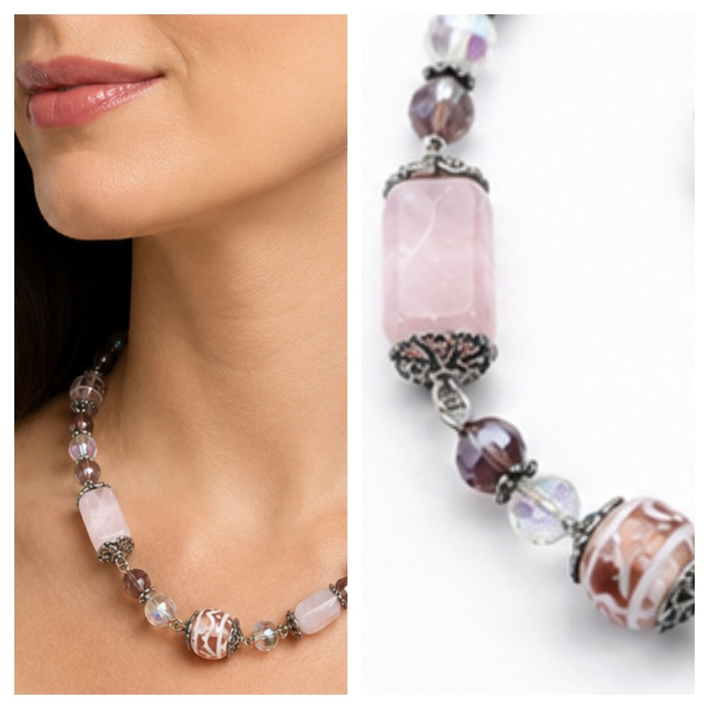 Rose Quartz & Lampwork Beaded Necklace Pink Mauve Crystal Filigree Silver Tone